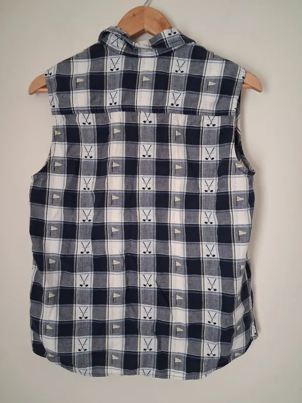 Christopher & Banks Women Navy Plaid Sleeveless Golf Novelty Button-Front Top M - Image 4