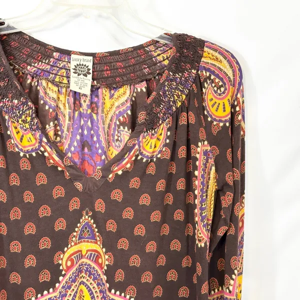 Lucky Brand XS Top VTG Y2K Hippie Paisley Smocked Brown Lotus Grunge Boho‎ 1309 - Image 4