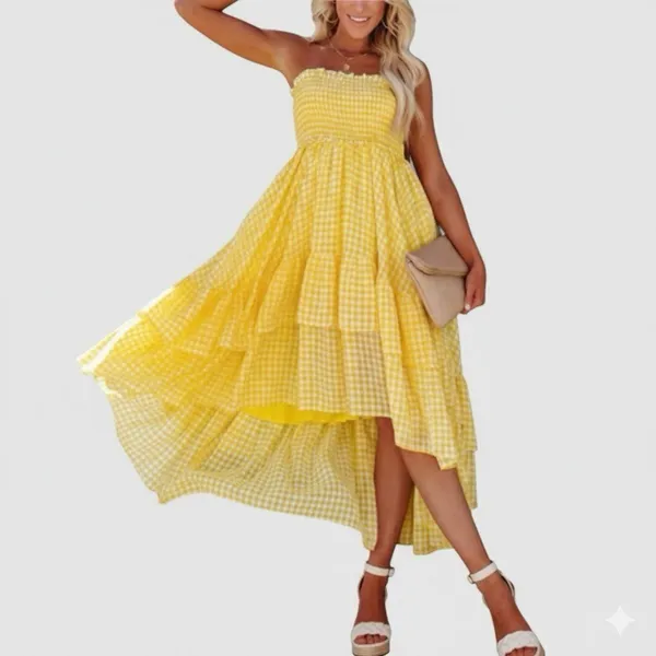 Anthropologie Yellow Gingham Dress Medium Low Coquette Cottagecore Boho Ruffle - Image 3