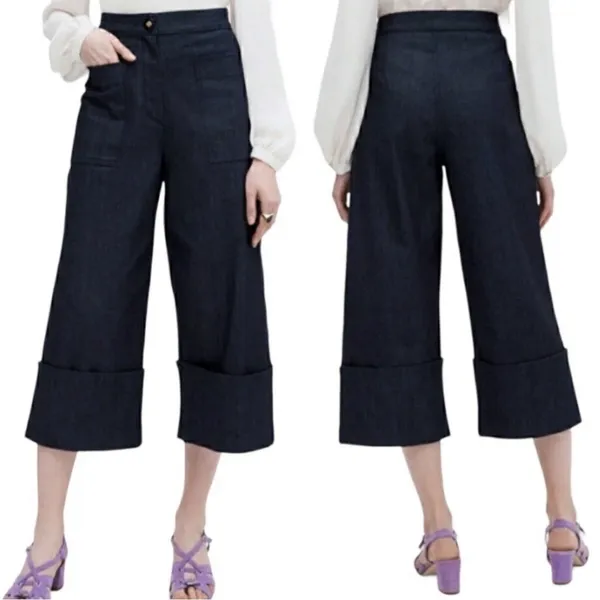 Kate Spade Denim Cropped Wide Leg Blue Indigo Jeans Size 6 Cuffed Patch Pocket - Image 2