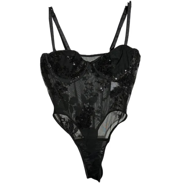 NWT MakeMeChic Sequin Mesh Bodysuit Black Floral Glitter Cami Small - Image 5