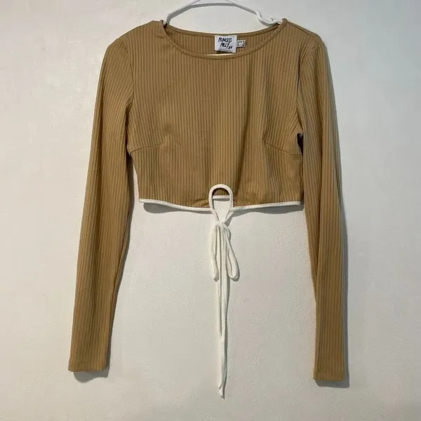 Princess Polly Tan Ribbed Long Sleeve Cutout Tie Crop Top Size 8 - Image 2