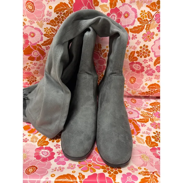 Chinese Laundry 6.5 Gray Suede Leather Tieland Over The Knee Heeled Tall Boots - Image 3