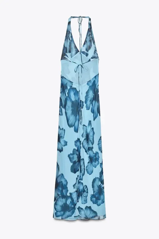 Zara Blue Long Floral Halter Maxi Dress Wedding Party Evening - Image 15