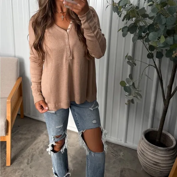 Women's Tan Henley - Image 2