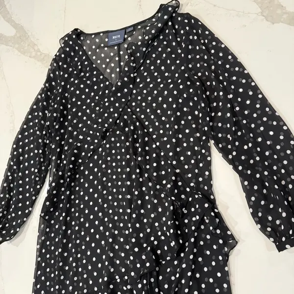 Maeve by Anthropologie Sheer PolkaDot Ruffle Midi Dress Womens Small Black/White - Image 6