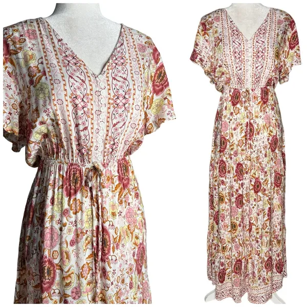Vivimos Floral Maxi Dress L Prairie Flowy Relaxed Romantic Henley Elastic Waist - Image 3