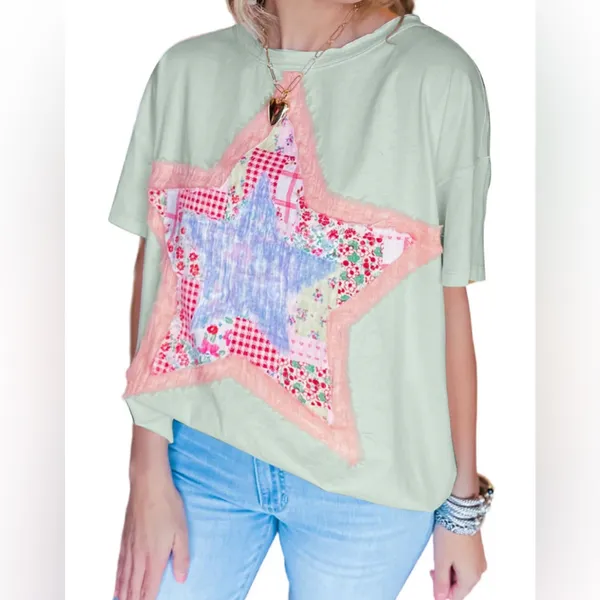 Layered Fabric Star Patchwork MintGreen Oversized T Shirt Y2K Indie Americana XL - Image 2