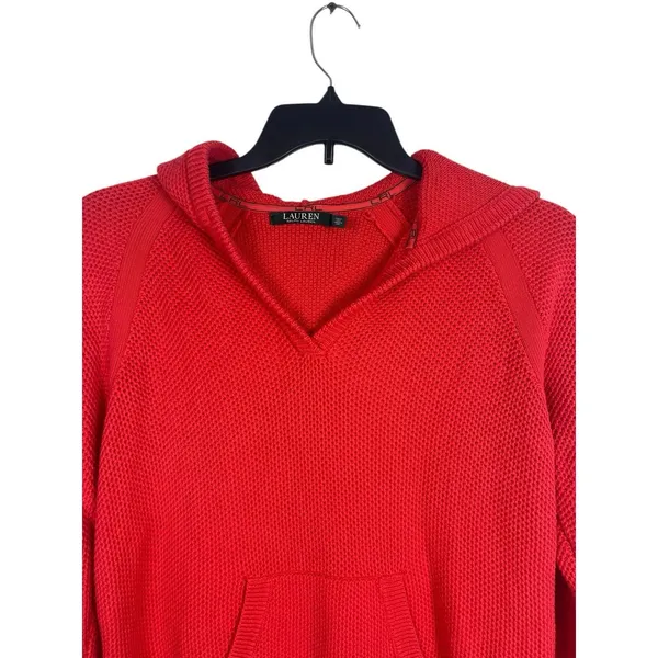 Lauren Ralph Lauren LRL Orange Waffle Knit Hooded Sweater XL Kangaroo Pocket - Image 2