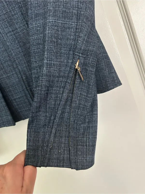 White House Black Market Peplum Pleated Hem Jacket Blue Crosshatch - Image 3