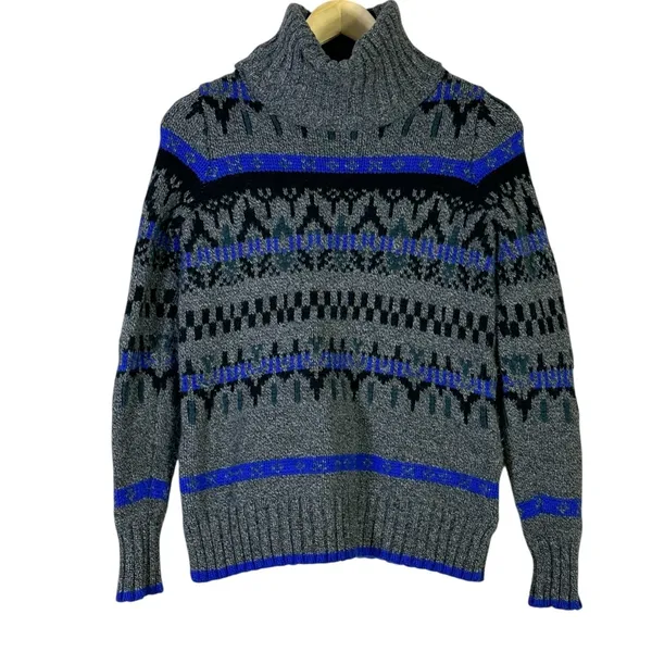 Madewell Fair Isle Geometric Turtleneck Sweater Grey Blue Merino Wool Size S - Image 2