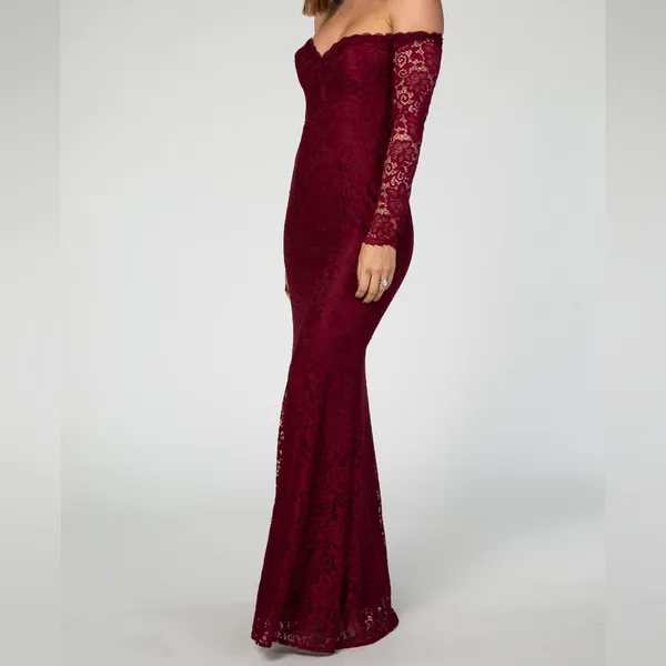 Maniju Burgundy Lace Floral Long Sleeve Off Shoulder Sweetheart‎ Maxi Dress - Image 2