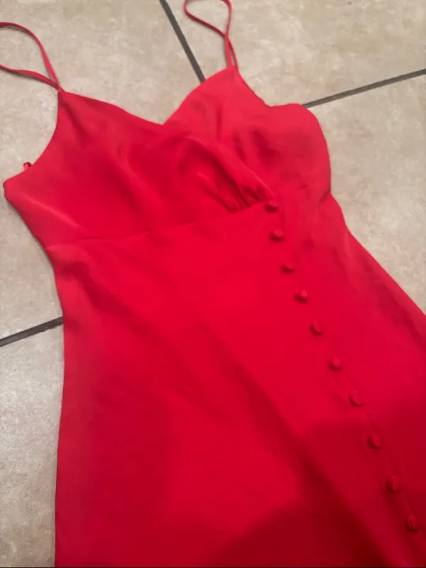 Zara Red Satin Side Slit Button Front Cocktail Dress - Image 2
