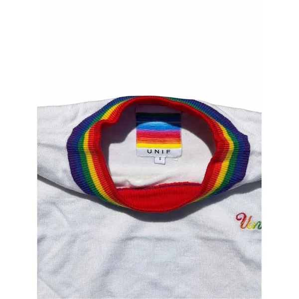 UNIF Rainbow Trim Cropped Tee Women’s Small White Embroidered Logo Y2K Festival - Image 8