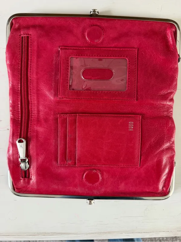 Hobo Lauren Double Frame Clutch Wallet Red Leather Kiss Lock Organizer - Image 3