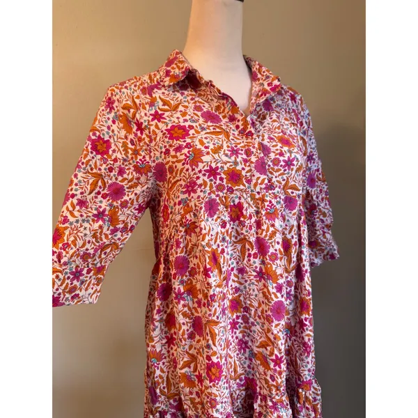 Natural Life Floral Tiered Boho Mini Dress Pink Orange Rayon Small whimsi dainty - Image 3
