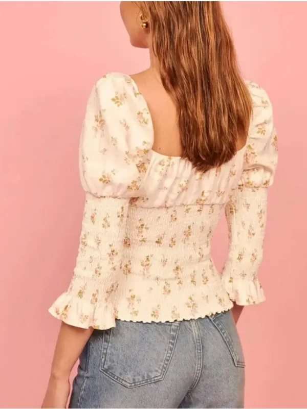 Reformation Linen Floral Smocked Puff Sleeve Top Cream Sweetheart Neck - Image 9