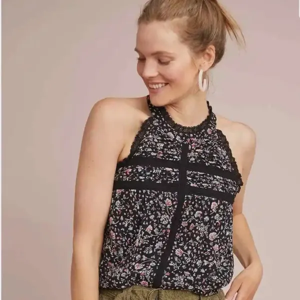 Anthropologie Maeve Lace Ruffle Trim Floral Sleeveless Halter‎ Neck Top Size XL - Image 3
