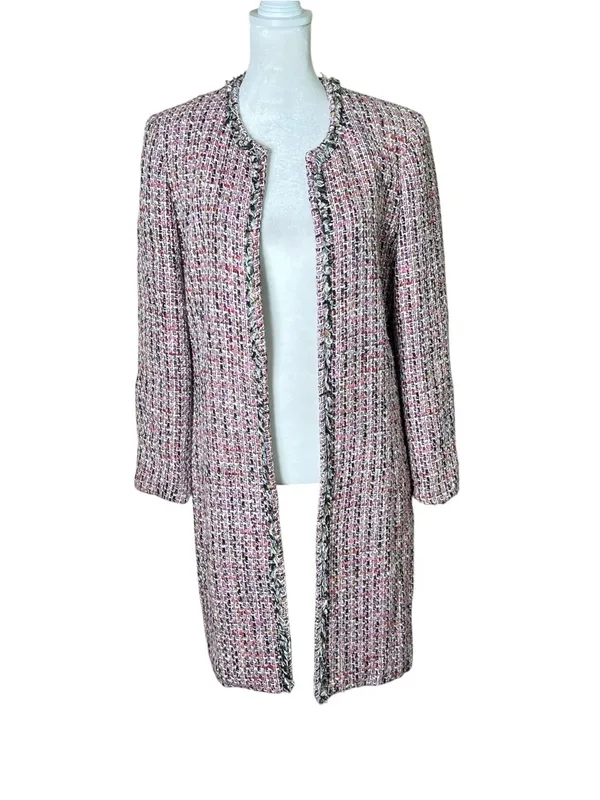 VTG Garfield & Marks Pink Tweed Coco Jacket Longline Open Front Fringe Sz 4 USA - Image 3