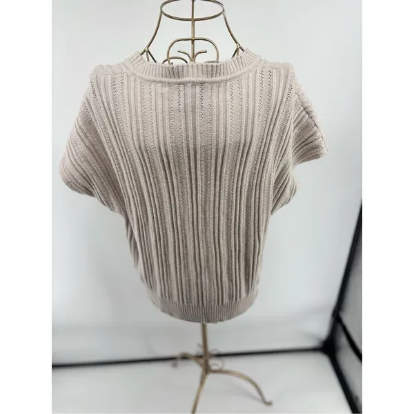 Elie Tahari Women’s Short Sleeve V Neck Beige Grey Sweater Size Large - Image 13
