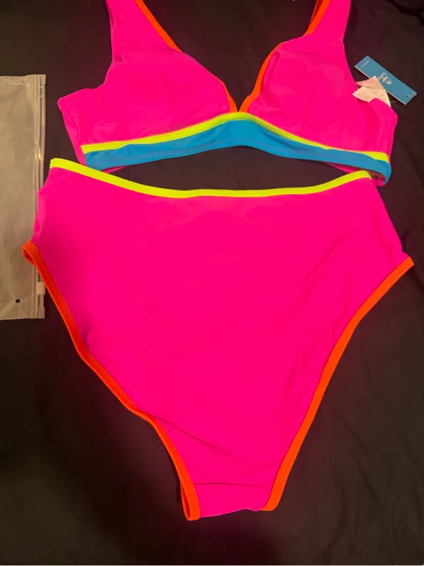 Cupshe Neon Colorblock Bikini Top and High Waisted Bottoms Size L NWT - Image 7