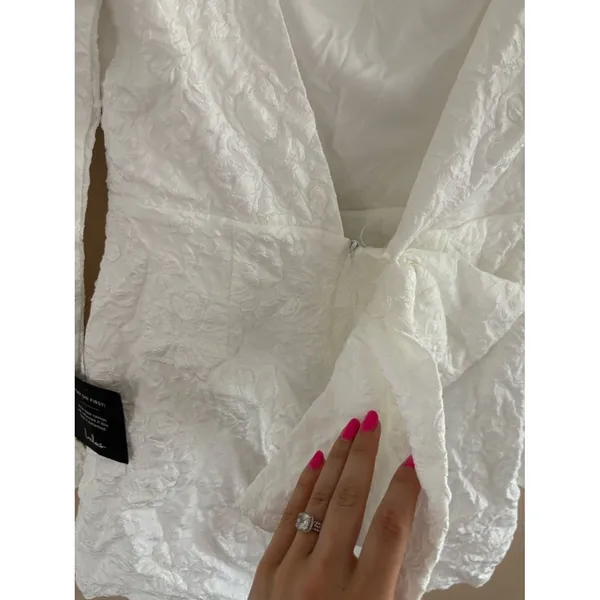 Lulus Elevated Icon White Jacquard Long Sleeve Bow Mini Dress Size Medium Bridal - Image 11