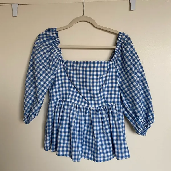 English Factory Blue and White Gingham Top Puff Sleeves - Image 3