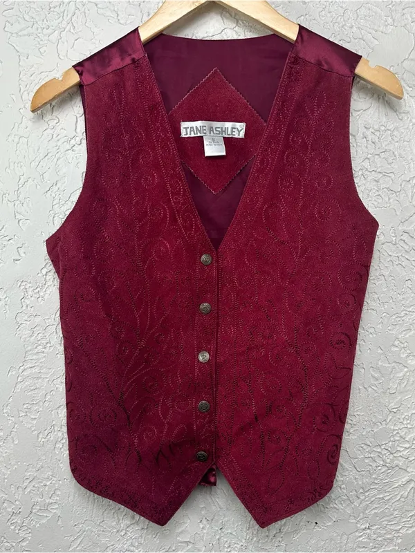 VTG 80’s 90’s Jane Ashley Burgundy Leather Satin Snap Front Vest BOHO Size S - Image 4