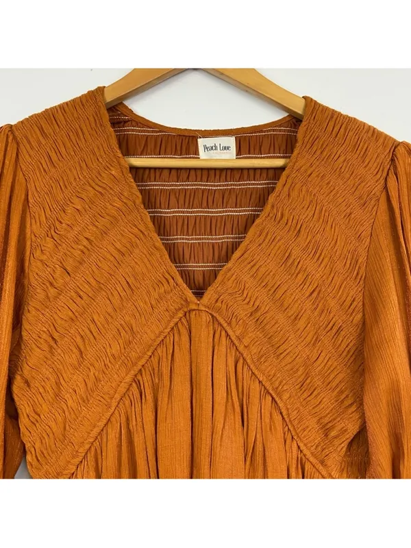 Peach Love California Boho Western Smocked Mini Dress Rust Orange Size S - Image 4
