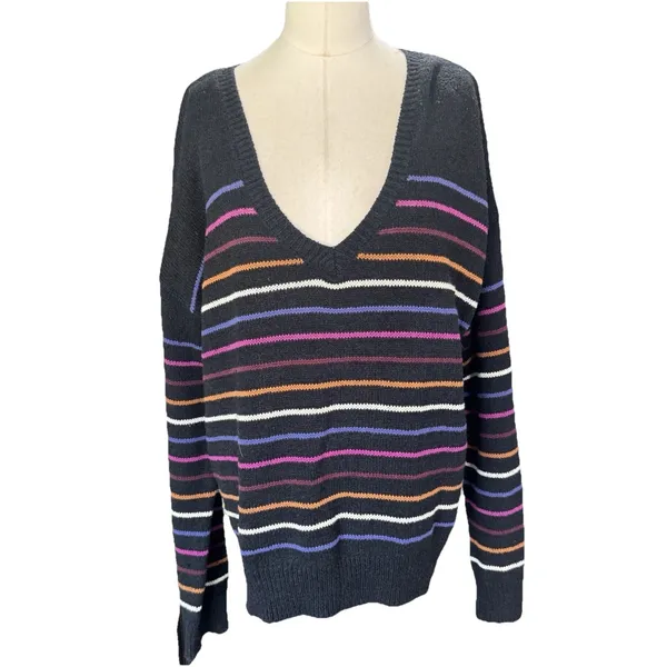 Allison Joy Evereve Multi Striped V-Neck Sweater Womens Colorful Knit Pullover - Image 2