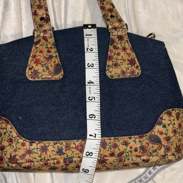 Blue Denim Handbag With Floral Corklike Design On Bottom & Handles Red Interior - Image 10
