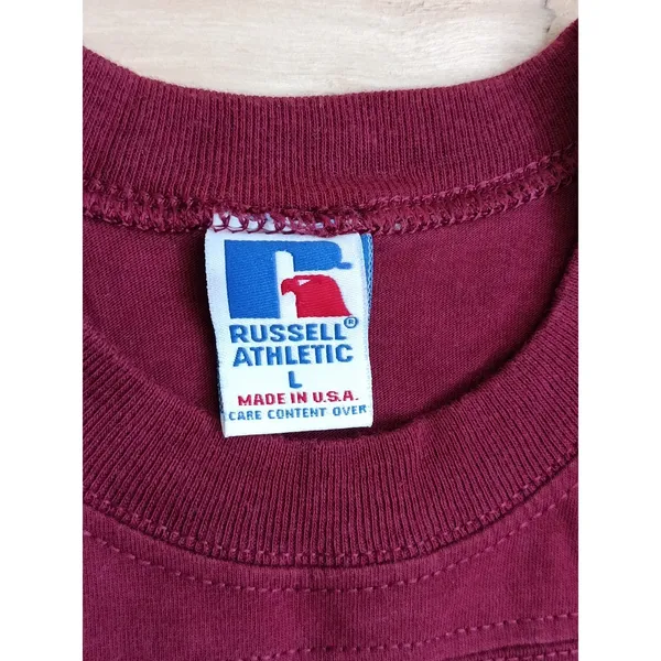 Vintage 90s Russell Athletic Fraternity T-Shirt | Made in USA | Burgundy Paisley - Image 6