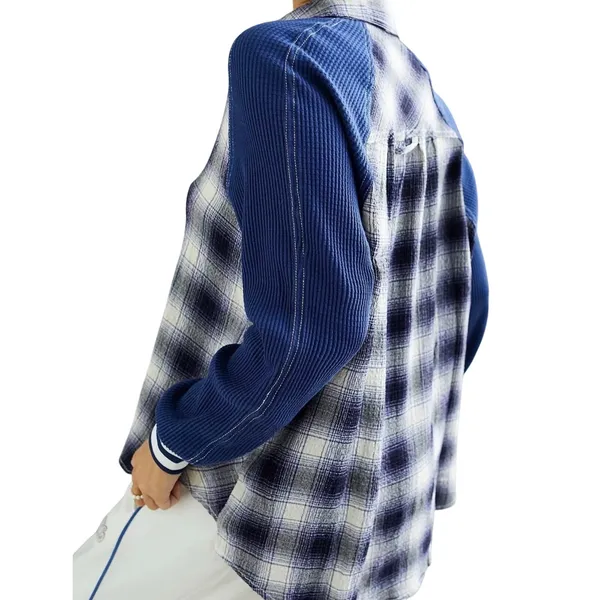UO BDG Women’s Keanu Blue Plaid Varsity Mixed Media Button Up Flannel - Image 3