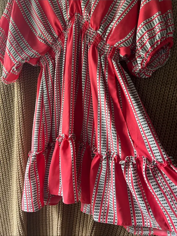 Red Striped V‑Neck Tiered Midi Dress - Image 6