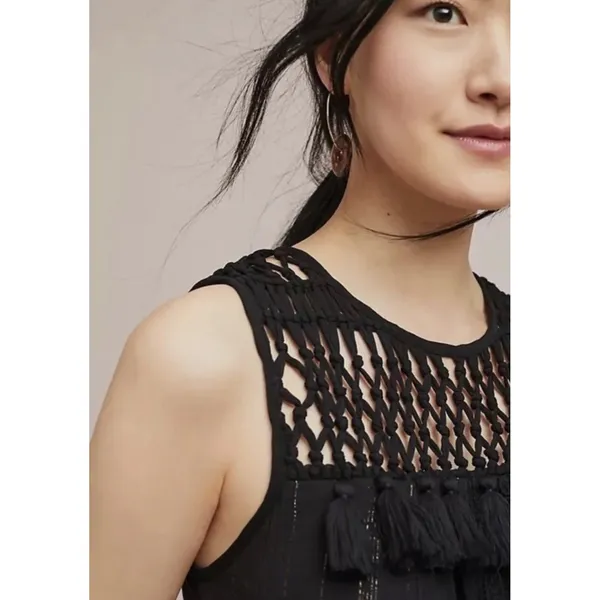 Maeve Anthropologie Black Crochet Tassel Metallic‎ Stripe Tiered Maxi Dress M - Image 3