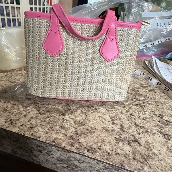 Pink and Cream Woven Mini Bag - Image 8