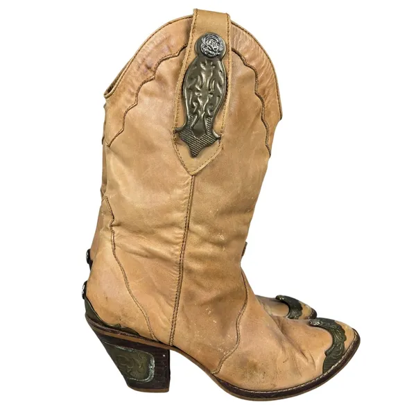 Endicott Johnson Vintage Tan Leather Western Cowgirl Boots Metal Accents 8.5B - Image 2