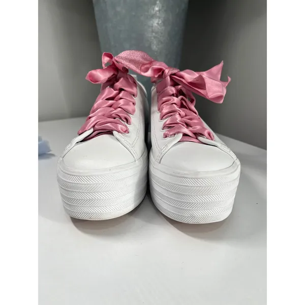 Keds‎ White Platform Sneakers Women's Size 7 Pink Satin Ribbon Laces - Image 4