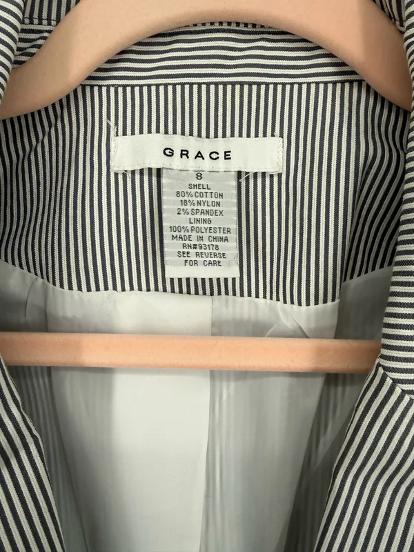 Grace Women Navy Striped Blazer Size 8 Jacket Button Front Pockets Lined Gray - Image 2