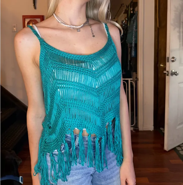 Teal Boho Fringe Top Blue Size M - Image 4
