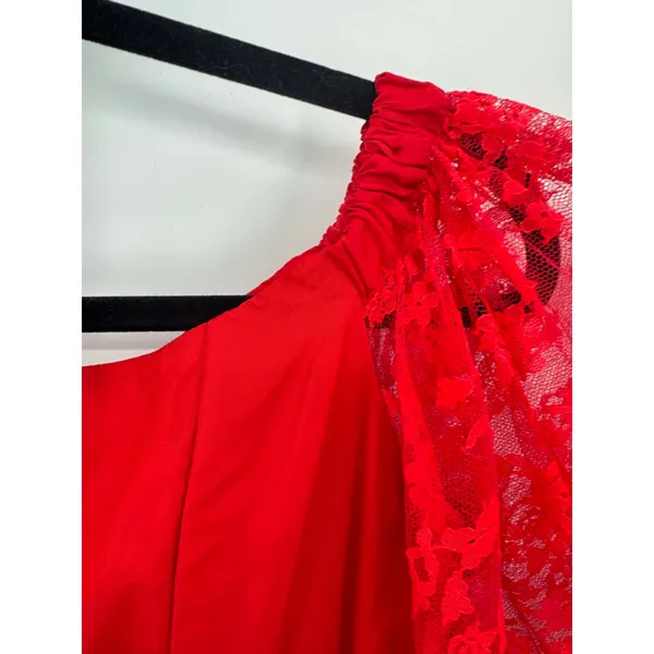 Vintage 80s 90s Red Dress Satin Lace Bow Formal Dance Molly Ringwald Medium Fit - Image 4