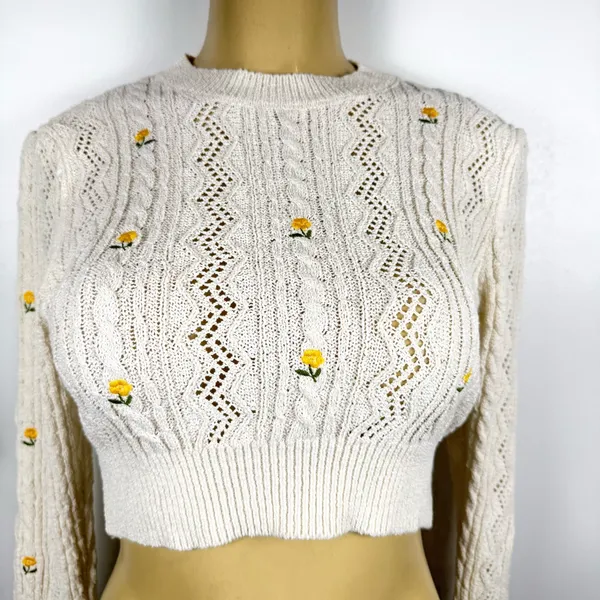 Zara Crop Embroidered Sweater Sz S Cream Flowers - Image 2
