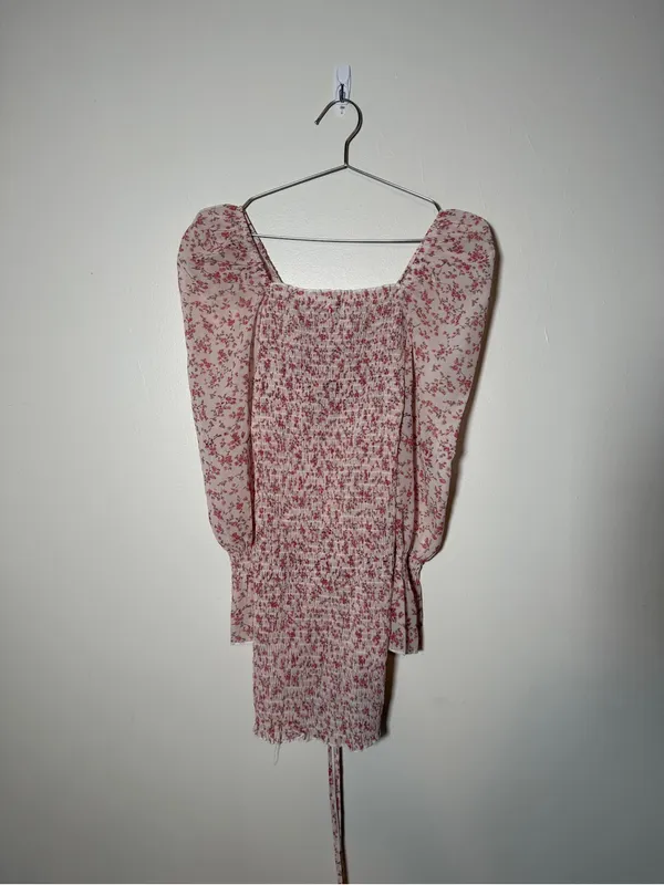 Beginning Boutique Pink Floral Ruched Mini Dress with Puff Sleeves - Image 5