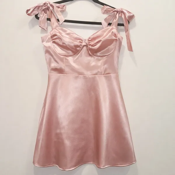 Lucy In The Sky Pink Satin Bow Strap Mini Dress Sweetheart Bustier A line Ruched - Image 2