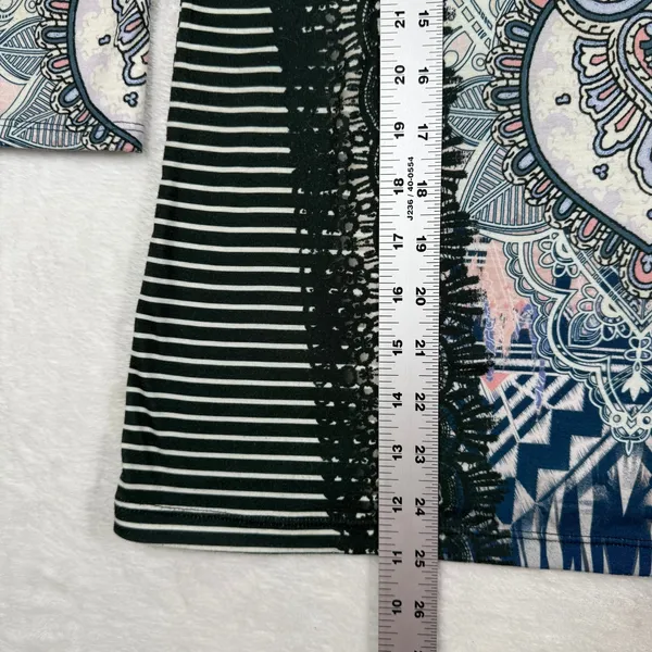 Zenergy by Chico's Womens Paisley Striped Lace Trim‎ 3/4 Sleeve Top Size 0 S - Image 4