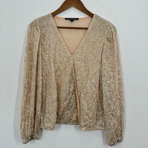 Boston Proper Sequin Wrap Blouse Long Sleeve Metallic Gold‎ Beige New Years Eve - Image 4
