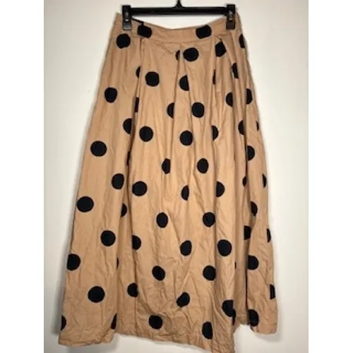 WHO WHAT WEAR Midi Skirt 4 Tan Black Polka Dot Button Front Cotton Retro A-Line‎ - Image 4