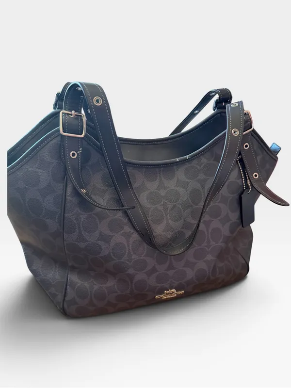 Coach Black Meadow Shoulder Bag in Signature Canvas Dual Straps Brown Interior - Image 16