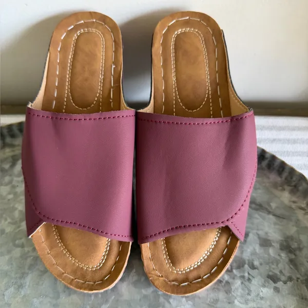 Women's Wedge Slip On Wine Colored Open Toe Shoe Size 37 aka 7 #260767 - Image 6