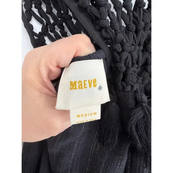 Maeve Anthropologie Black Crochet Tassel Metallic‎ Stripe Tiered Maxi Dress M - Image 5
